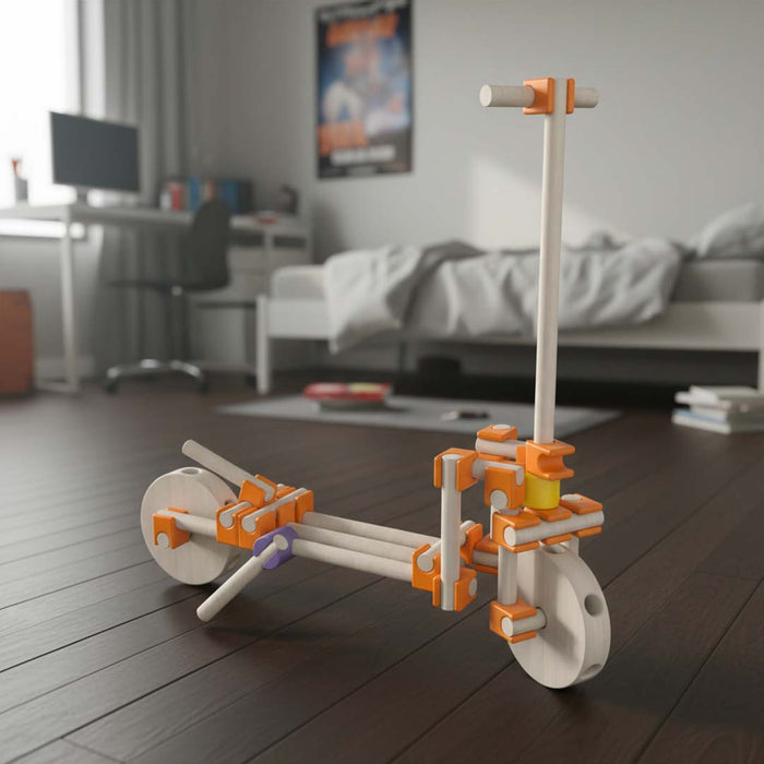 Beaver wooden build Children's toy scooter with orange and white design on a white background