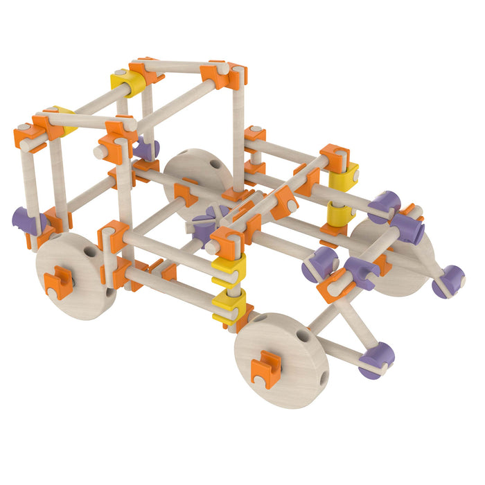 Wooden mechanical model with colorful connectors on a white background