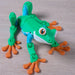 3D hebee jeebies Toy frog with green body, orange legs, and blue accents on a wooden surface