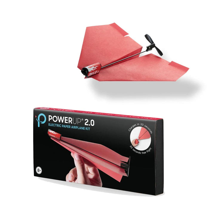 Power Up plane Red electric paper airplane kit with 'PowerUp 2.0' packaging on a white background