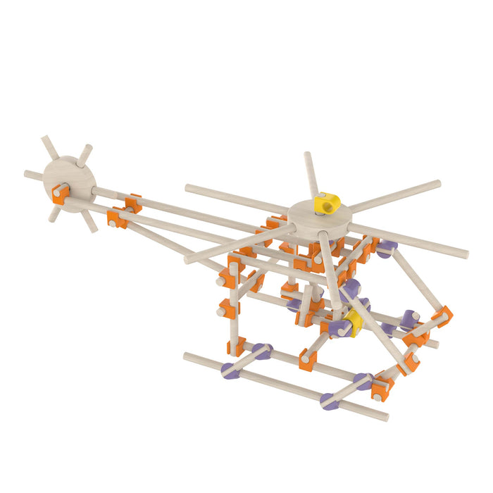Toy construction set with white, orange, and purple components on a white background