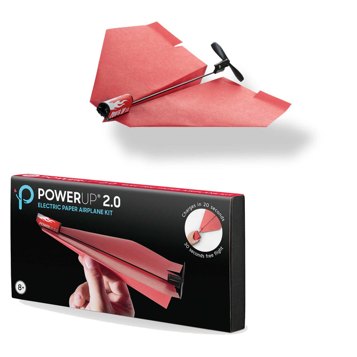 Power Up 2.0 electric paper airplane kit with 'PowerUp 2.0' packaging on a white background