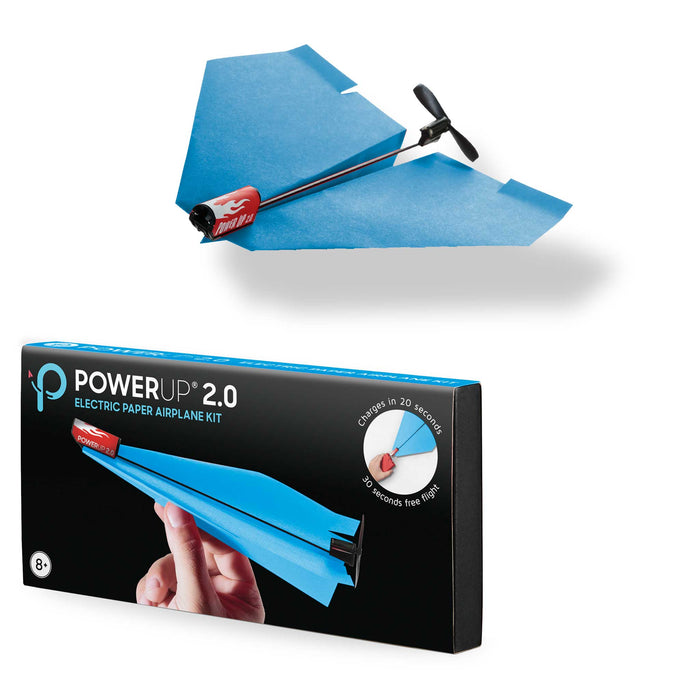 Power Up 2.0 electric paper airplane with black propeller and PowerUp 2.0 packaging on a white background