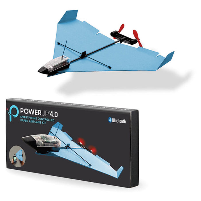 Blue paper airplane with red propellers and PowerUp 4.0 packaging on a white background