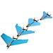 Four blue toy airplanes with propellers on a white background