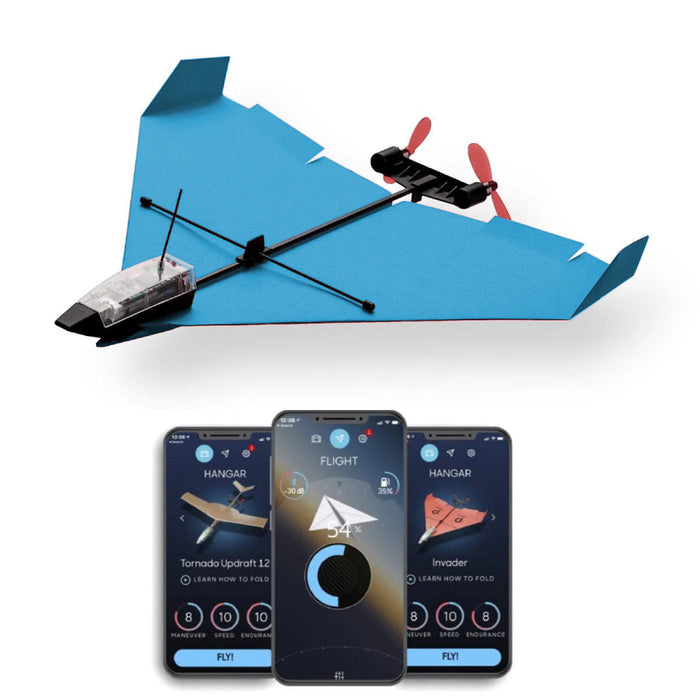 Model airplane with smartphone app interface on a white background