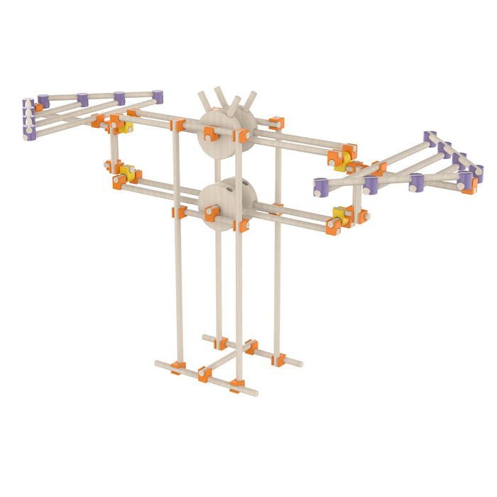 Construction set with white baseplate and orange and purple connectors on a white background Beaver wood building kit packaging 