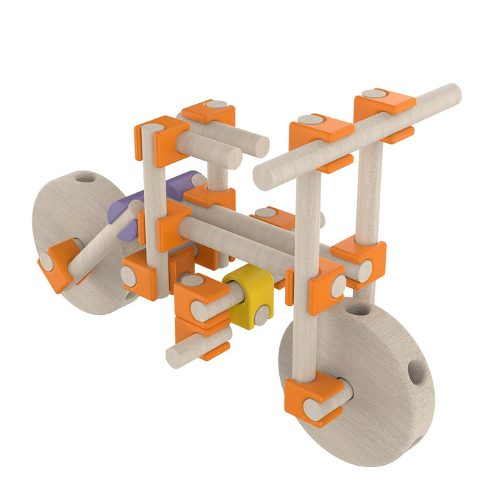 Wooden toy with orange and gray components on a white background