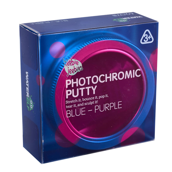 Box of photochromic putty with blue and purple colors on a white background