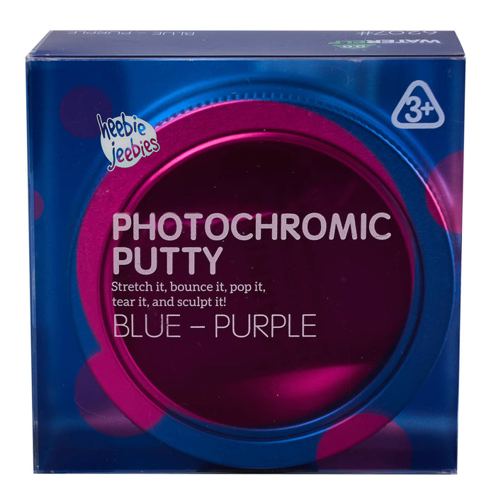 Box of photochromic putty in blue and purple with 'Heebie Jeebies' branding.