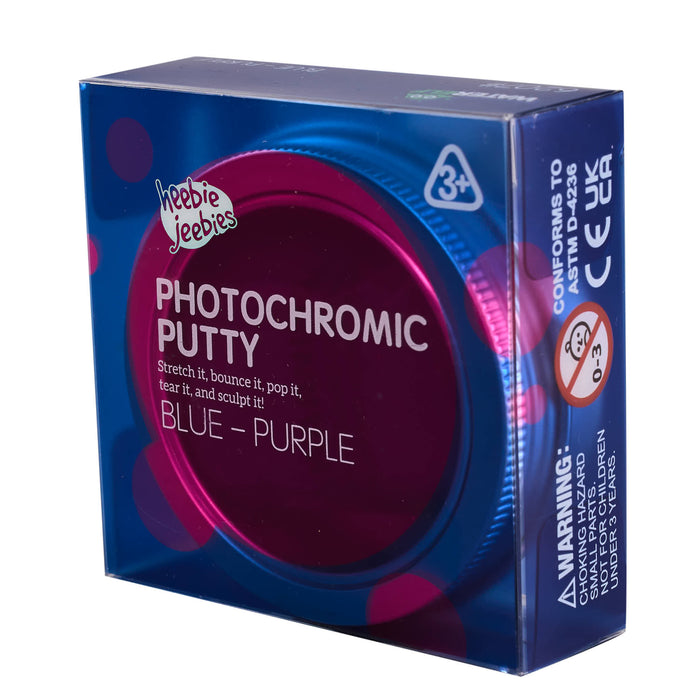 Box of photochromic putty with blue and purple color change effect