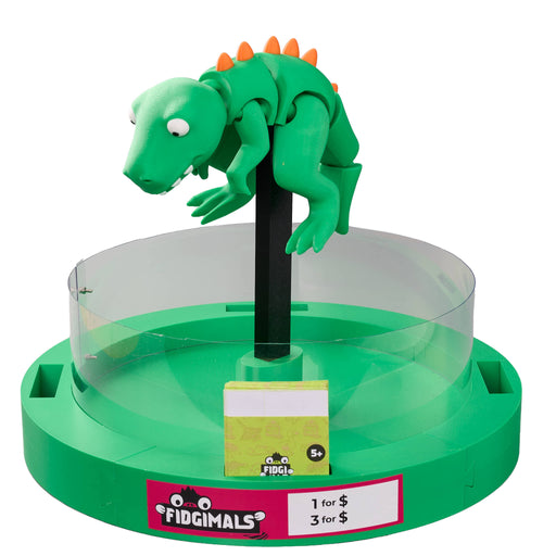 Green toy 3D dino on a stand with a clear base, featuring the Fidgimals brand.