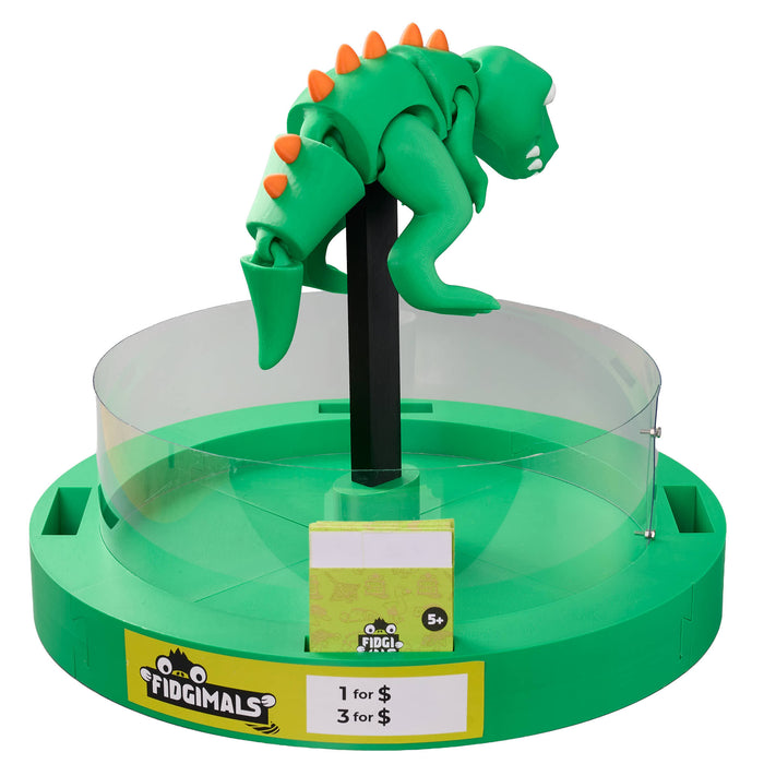 Green toy 3D dino on a stand with a clear base, featuring the Fidgimals brand.