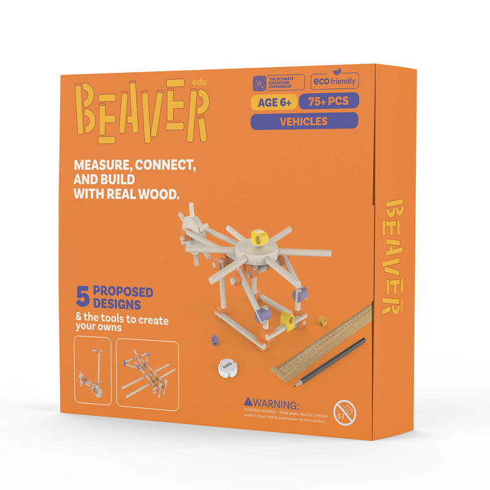 Beaver wood building kit packaging with wooden structure and tools on an orange background