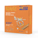 Beaver wood building kit packaging with wooden structure and tools on an orange background