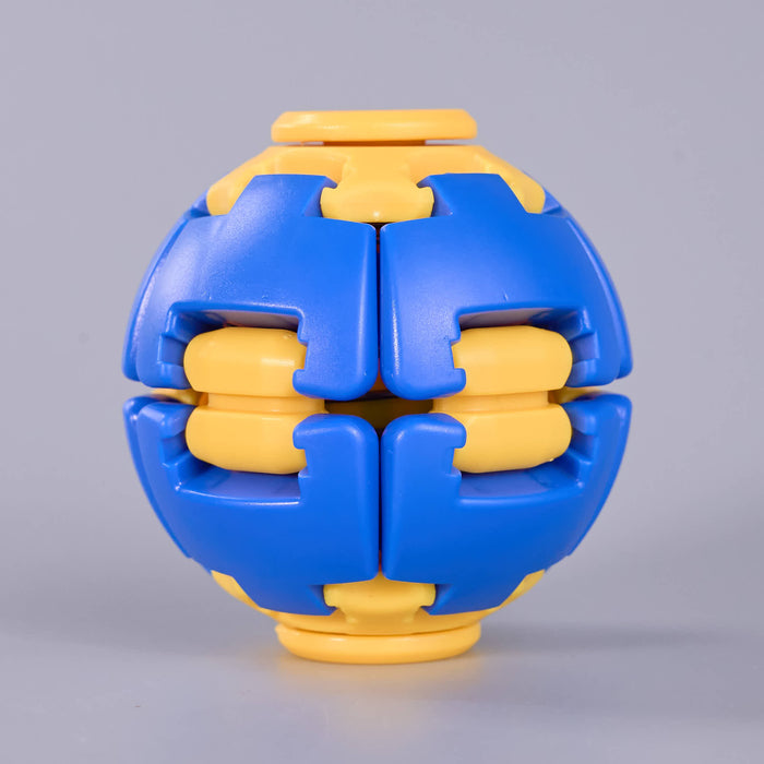 A blue and yellow plastic puzzle ball toy, shown centered against a neutral gray studio background. Fidgit Sphere Spinner