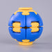 A blue and yellow plastic puzzle ball toy, shown centered against a neutral gray studio background. Fidgit Sphere Spinner
