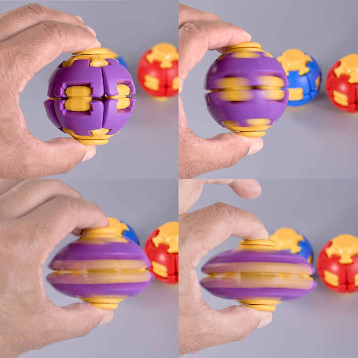 A split-screen demonstration of a purple and yellow plastic ball puzzle toy being manipulated by hands. The toy is shown both assembled and disassembled into separate pieces, with other colorful balls blurred in the background against a solid gray surface. Fidgit Sphere Spinner