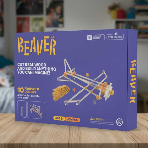 Beaver wood building kit packaging on a wooden surface with a blurred background