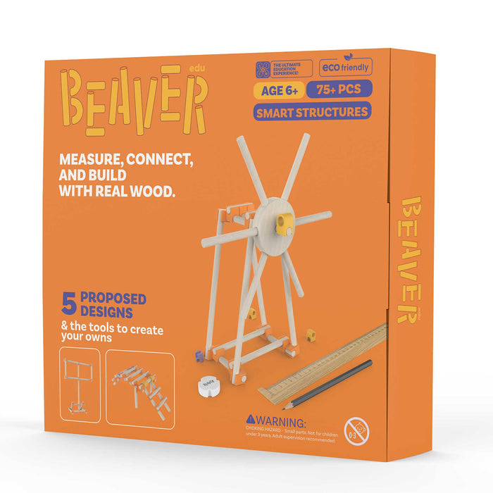 Beaver smart structures kit packaging with wooden model and tools on an orange background