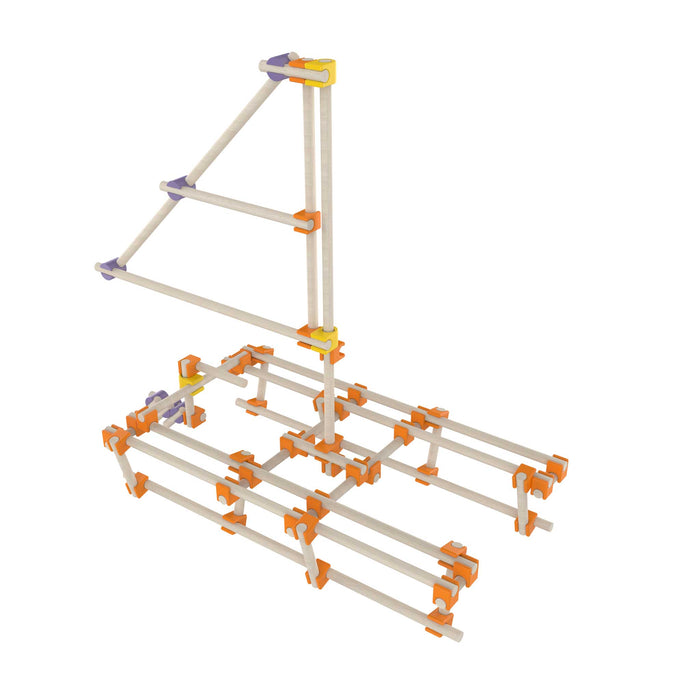 Toy marble run structure with wooden pipes and colorful connectors on a white background