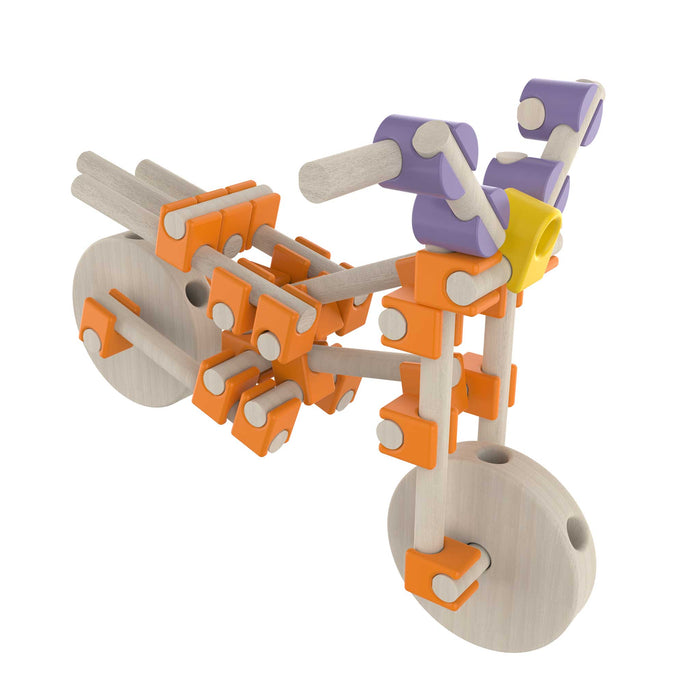 Beaver wooden mechanical push bike model made of interlocking pieces on a white background