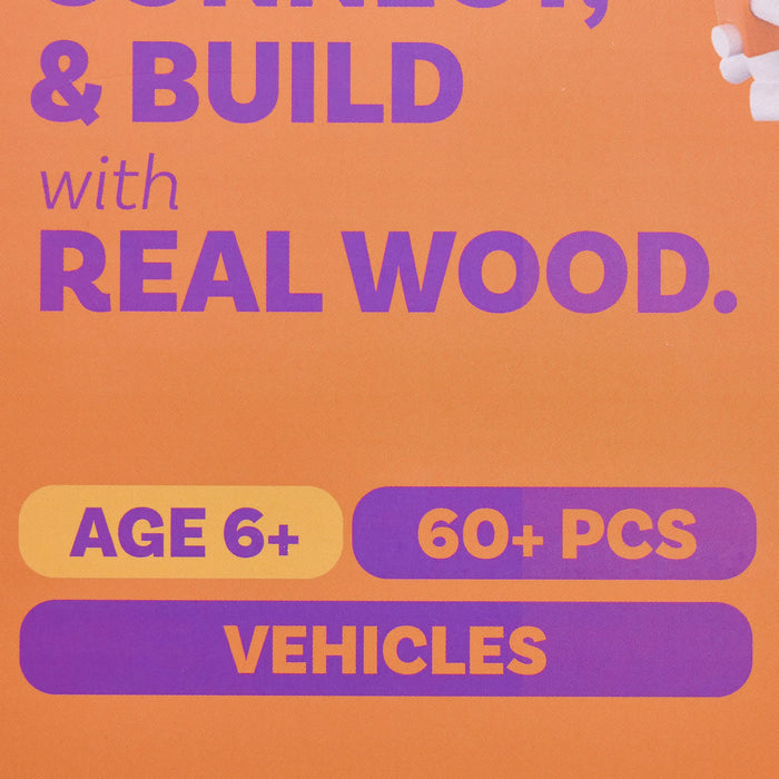 Promotional graphic with orange background and purple text reading 'CONNECT & BUILD with REAL WOOD.' and 'AGE 6+ 60+ PCS VEHICLES.