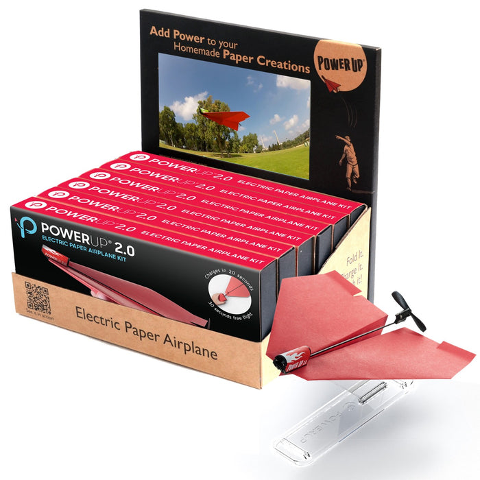 Power Up 2.0 electric paper airplane kit packaging with a red paper airplane and power supply.