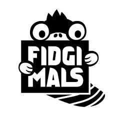 Logo of Fidgi Mals with a cartoon character holding a sign on a white background
