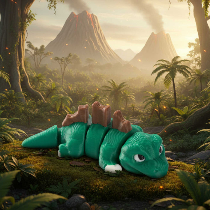 Toy dinosaur lying on a grassy patch with a volcanic landscape in the  backgroundof Heebie Jeebies