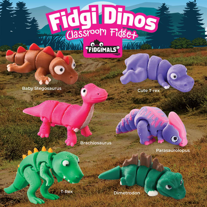 Fidgi Dinos toy set with various dinosaur designs on a natural landscape background from Heebie Jeebies