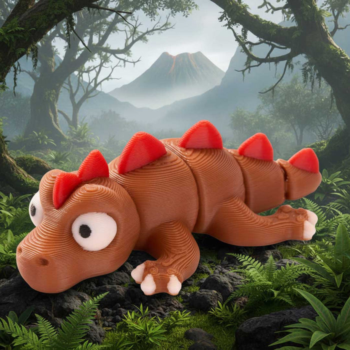 Toy dinosaur with red spikes in a forest setting from Heebie Jeebies