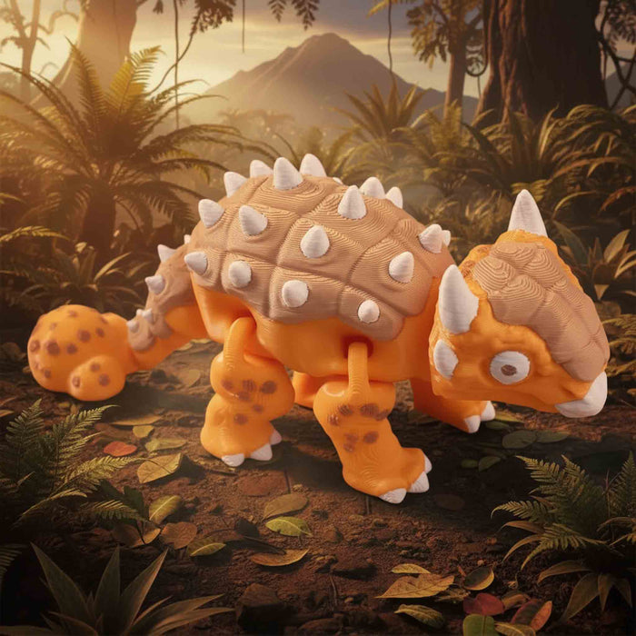 Museum Fidgi Ankylosaurus figure in a jungle setting with mountains in the background