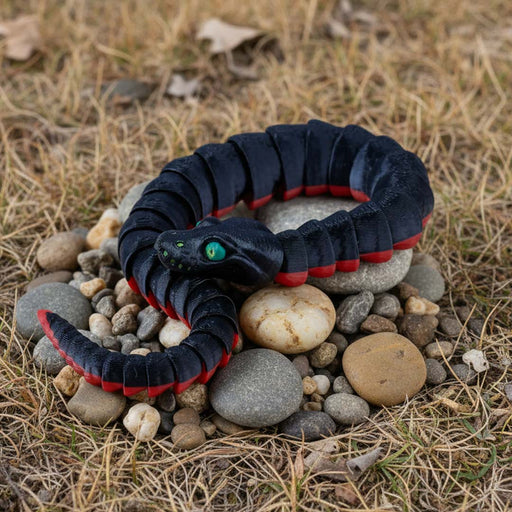 Black and red snake-like toy on stones with a natural background