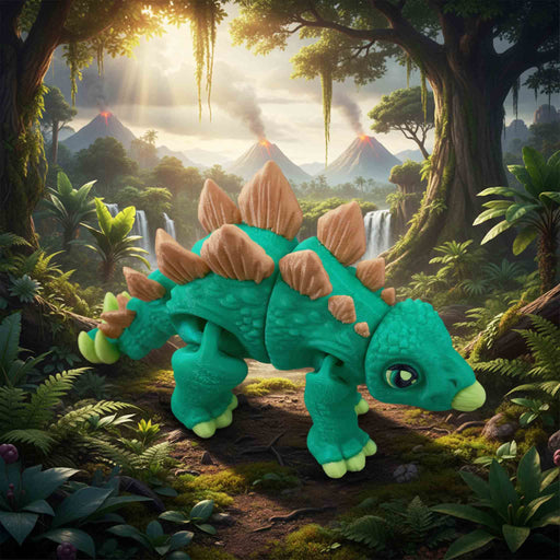 Heebie Jeebies 3Dstegosaurus in a vibrant jungle setting with mountains and waterfalls.