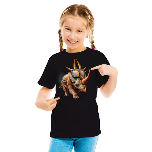 Child wearing a black t-shirt with a dinosaur graphic, pointing at the design from Heebie Jebies