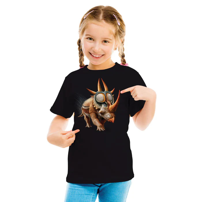 Child wearing a black t-shirt with a dinosaur graphic, pointing at the design from Heebie Jebies