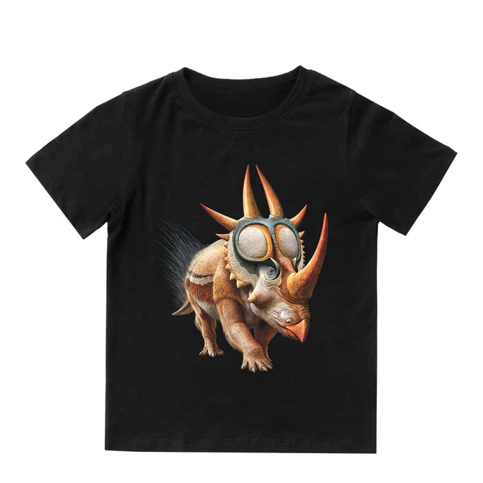 Black t-shirt with a dinosaur graphic wearing goggles on a white background heebie Jeebies