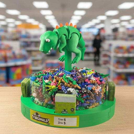 Green 3D dino on a display stand with small figurines in a store setting