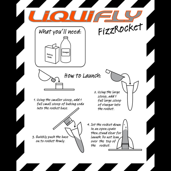 Instruction sheet for a FizzRocket experiment by Liquifly with step-by-step instructions and illustrations.