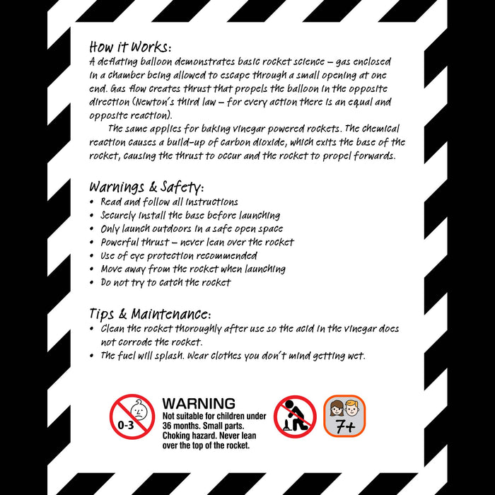 An informational product graphic with black-and-white diagonal borders and sections explaining how a basic rocket works, warnings and safety instructions, and tips and maintenance. Small icons at the bottom indicate age suitability and hazards.