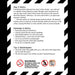 An informational product graphic with black-and-white diagonal borders and sections explaining how a basic rocket works, warnings and safety instructions, and tips and maintenance. Small icons at the bottom indicate age suitability and hazards.