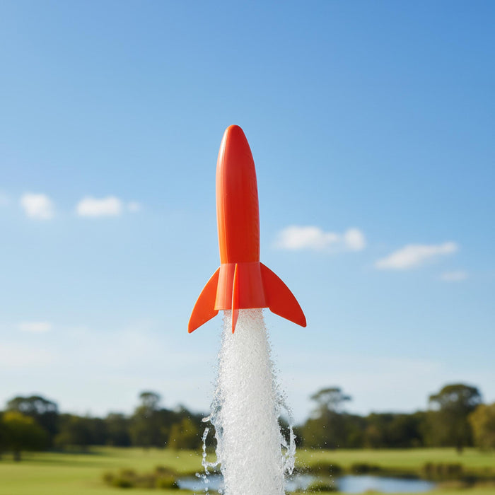Heebie Jeebies Liquifly rocket launching upward with white water spray, set against a blurred outdoor background of green fields and trees under a blue sky.