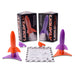 Two colorful rocket-shaped toys with packaging and accessories on a white background