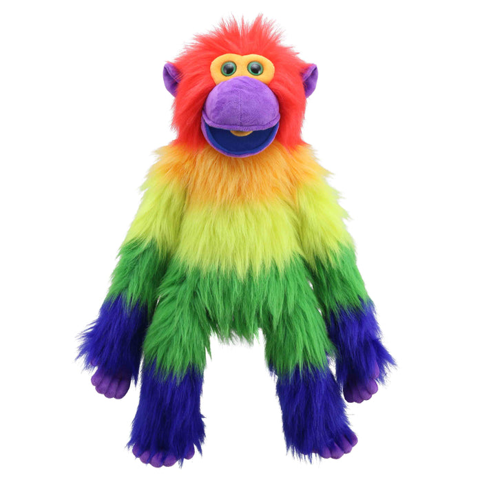 Colorful plush toy with a rainbow gradient on a white background