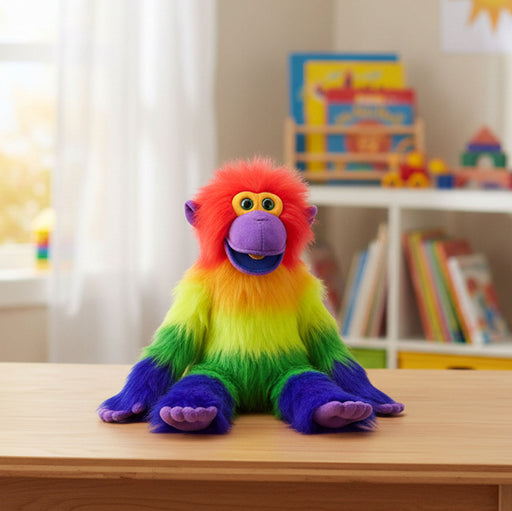 A plush rainbow monkey toy sitting on a light wood table in a softly blurred children's room. The toy has bright red hair, a purple face and ears, a yellow-green body, green legs, and purple feet and hands.