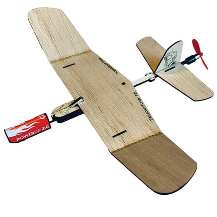 Wooden toy airplane with a red propeller on a white background