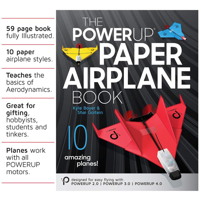 Book cover of 'The PowerUp Paper Airplane Book' with airplane designs on a dark background
