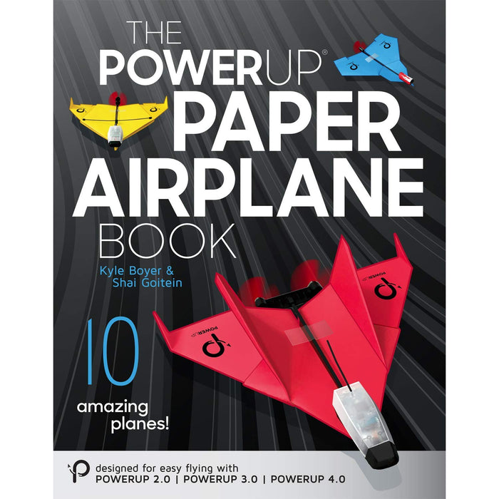 Book cover of 'The PowerUp Paper Airplane Book' with red paper airplane and text on a dark background
