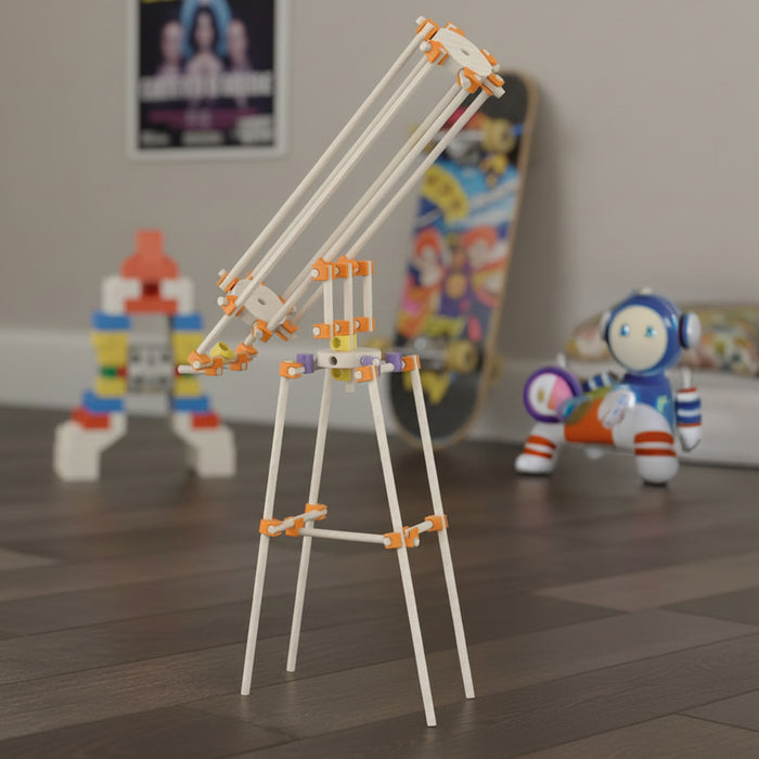 beaver wooden toy construction set on a wooden floor with colorful toys in the background